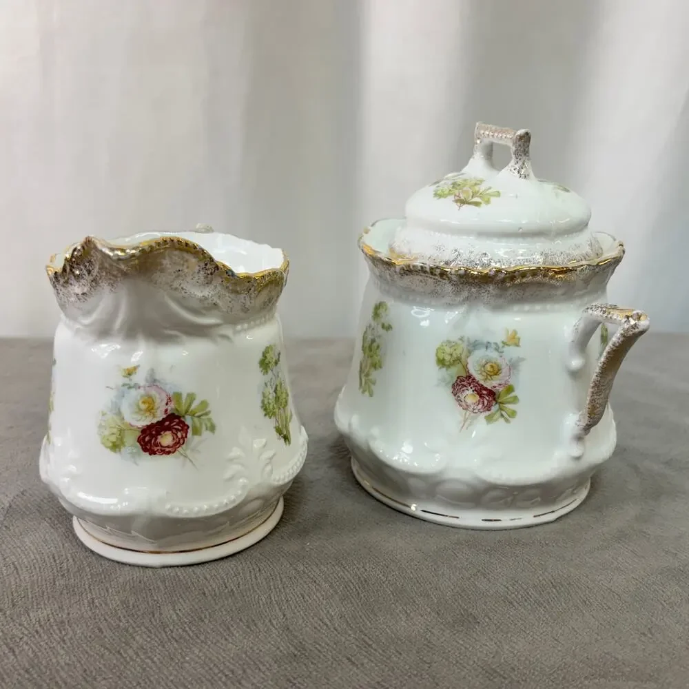 Sugar Bowl & Creamer Porcelain Lidded White Floral Gold Trim Large Unmarked